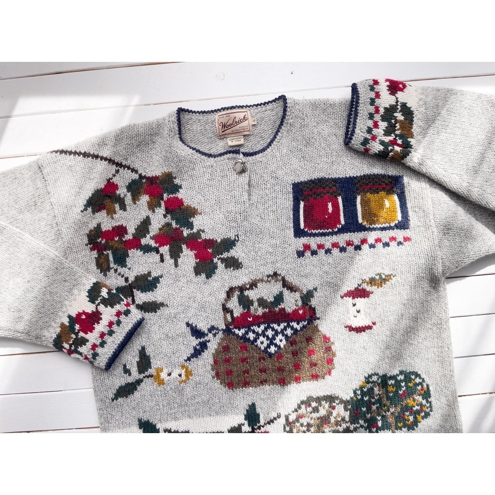 vtg Woolrich apple‎ picking hand knit gray wool sweater - Picture 2 of 4